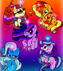 Size: 1700x1920 | Tagged: safe, artist:andromedasparkz, moondancer, starlight glimmer, sunset shimmer, trixie, twilight sparkle, alicorn, pony, unicorn, g4, abstract background, counterparts, cutie mark, female, glasses, happy, magic, magical quintet, mare, smiling, twilight's counterparts