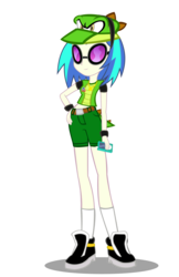 Size: 1843x2850 | Tagged: safe, artist:trungtranhaitrung, dj pon-3, vinyl scratch, equestria girls, g4, clothes, clothes swap, cosplay, costume, crossover, female, hand on hip, hat, ipod, male, shirt, shorts, simple background, solo, sonic the hedgehog, sonic the hedgehog (series), sunglasses, transparent background, vector, vector the crocodile