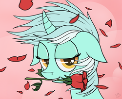 Size: 1229x1003 | Tagged: safe, artist:manual-monaro, lyra heartstrings, pony, unicorn, g4, bust, curved horn, female, floppy ears, flower, flower in mouth, flower petals, horn, lidded eyes, looking at you, mouth hold, petals, portrait, rose, rose in mouth, smiling, solo, wind, windswept mane