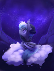 Size: 900x1200 | Tagged: safe, artist:nutty-stardragon, oc, oc only, bat pony, pony, commission, ear piercing, female, looking up, mare, night, piercing, smiling, solo, starry night, stars