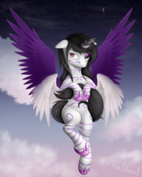 Size: 1000x1250 | Tagged: safe, artist:the1xeno1, oc, oc only, alicorn, pony, alicorn oc, cloud, crescent moon, female, flying, mare, moon, multiple wings, sky, solo, spread wings, wings