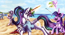 Size: 1024x547 | Tagged: safe, artist:shivannie, fluttershy, princess celestia, rainbow dash, rarity, starlight glimmer, trixie, twilight sparkle, alicorn, pony, g4, :d, :p, beach, blushing, bottomless, clothes, doll, female, lesbian, magic, matching outfits, missing accessory, partial nudity, running, ship:twilestia, shipping, sunbathing, telekinesis, tongue out, toy, twilight sparkle (alicorn)