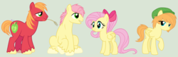 Size: 4855x1567 | Tagged: safe, artist:brendalobinha, big macintosh, fluttershy, oc, oc:greenhy, oc:lilly, pony, g4, base used, beanie, bow, family, female, filly, green background, hair bow, hat, male, offspring, parent:big macintosh, parent:fluttershy, parents:fluttermac, ship:fluttermac, shipping, simple background, stallion, straight, straw in mouth, unshorn fetlocks