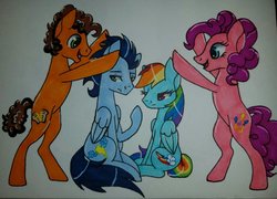 Size: 1024x737 | Tagged: safe, artist:bleedingwings12, cheese sandwich, pinkie pie, rainbow dash, soarin', pony, g4, double date, female, male, ship:cheesepie, ship:soarindash, shipping, straight, traditional art