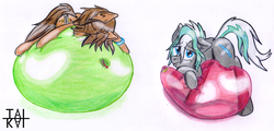 Size: 1280x614 | Tagged: safe, artist:tai kai, oc, oc:magix, oc:mercurial keys, earth pony, pony, unicorn, balloon, balloon fetish, balloon riding, bedroom eyes, cuddling, fetish, happy, huge, party balloon, smiling, snuggling, squishy, that pony sure does love balloons, traditional art