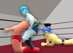 Size: 1600x1163 | Tagged: safe, artist:supermaxx92, flash sentry, thunderbass, timber spruce, equestria girls, g4, clothes, fight, gay, male, ship:timberflash, shipping, speedo, thunderflash, wrestler, wrestling, wrestling ring