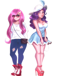 Size: 2344x3125 | Tagged: safe, artist:mrscurlystyles, fluttershy, rarity, human, g4, adorasexy, breasts, busty rarity, cleavage, clothes, cute, dress, duo, eyes closed, female, hat, high heels, high res, humanized, pants, sexy, shirt, shoes, simple background, smiling, sunglasses, white background