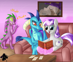 Size: 3500x3000 | Tagged: safe, artist:katakiuchi4u, princess ember, spike, twilight velvet, dragon, pony, unicorn, g4, baby picture, book, commission, couch, dragoness, embarrassed, eyes closed, female, high res, levitation, magic, male, mare, mother and son, mothers gonna mother, older, older spike, picture, ship:emberspike, shipping, sitting, smiling, spike's family, straight, telekinesis, thud, trio, yearbook, yearbook photo