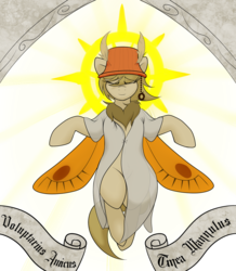 Size: 1228x1409 | Tagged: safe, artist:codras, oc, oc only, oc:lamp, mothpony, original species, arch, clothes, floating, halo, hat, lampshade, lampshade hat, robe, scroll, simple background, solo