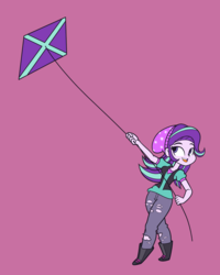Size: 4000x5000 | Tagged: safe, artist:khuzang, starlight glimmer, equestria girls, equestria girls specials, g4, mirror magic, beanie, boots, clothes, female, hat, kite, kite flying, open mouth, pants, purple background, red background, ripped pants, shirt, shoes, simple background, smiling, solo, that pony sure does love kites, thighs, torn clothes, vest