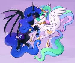 Size: 1379x1154 | Tagged: safe, artist:kiyoon, nightmare moon, princess celestia, alicorn, bat pony, bat pony alicorn, pony, g4, bat wings, blushing, female, flying, incest, jewelry, lesbian, mare, moonbat, race swap, regalia, ship:mooncest, shipping, siblings, simple background, sisters