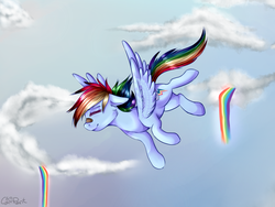 Size: 1400x1050 | Tagged: safe, artist:wolfchen999, rainbow dash, pegasus, pony, g4, bandaid, eyes closed, female, flying, mare, solo