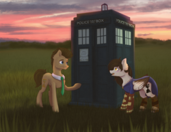 Size: 2700x2100 | Tagged: safe, artist:shiro-roo, doctor whooves, time turner, oc, earth pony, pegasus, pony, g4, clothes, doctor who, duo, high res, tardis, the doctor