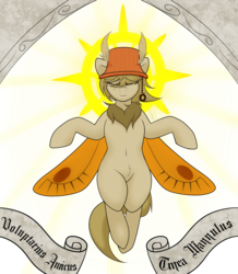 Size: 1280x1469 | Tagged: safe, alternate version, artist:codras, oc, oc only, oc:lamp, mothpony, original species, arch, floating, halo, hat, lampshade, lampshade hat, simple background, solo