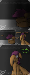 Size: 1500x3750 | Tagged: safe, artist:conmanwolf, scootaloo, pegasus, pony, ask factory scootaloo, fanfic:rainbow factory, g4, comic, factory scootaloo, offscreen character, recording