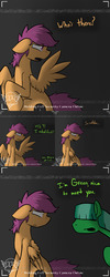 Size: 1500x3750 | Tagged: safe, artist:conmanwolf, scootaloo, oc, oc:green, pegasus, pony, ask factory scootaloo, fanfic:rainbow factory, g4, comic, factory scootaloo, recording