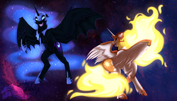Size: 3500x2000 | Tagged: safe, artist:sinderynaralex, daybreaker, nightmare moon, alicorn, pony, a royal problem, g4, armor, bat wings, high res, mane of fire, open mouth, raised hoof, rearing