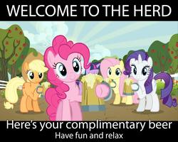 Size: 1280x1024 | Tagged: safe, edit, edited screencap, screencap, applejack, fluttershy, pinkie pie, rarity, twilight sparkle, pony, g4, the super speedy cider squeezy 6000, alcohol, beer, cider, image macro, meme, welcome to the herd