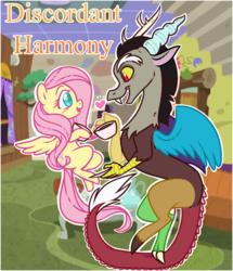 Size: 660x768 | Tagged: safe, artist:esmeia, discord, fluttershy, pegasus, pony, discordant harmony, g4, cup, discord's house, female, food, heart, looking at each other, male, mare, outline, ship:discoshy, shipping, straight, tea, teacup, title card, white outline