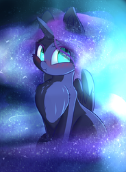 Size: 2295x3125 | Tagged: safe, artist:madacon, nightmare moon, alicorn, pony, g4, blushing, chest fluff, color porn, cute, female, filly, grumpy, high res, mare, moonabetes, nightmare woon, sitting, solo