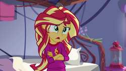 Size: 1280x720 | Tagged: safe, screencap, sunset shimmer, equestria girls, g4, my little pony equestria girls: legend of everfree, bed, clothes, crossed arms, female, lantern, open mouth, pajamas, pillow, solo, talking, tent