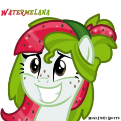 Size: 809x809 | Tagged: safe, artist:monkfishyadopts, oc, oc only, oc:watermelana, pony, awkward smile, base used, bust, freckles, headband, melon, portrait, simple background, smiling, solo, transparent background