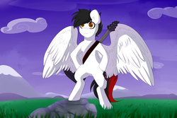 Size: 1500x1000 | Tagged: safe, artist:tigra0118, oc, oc only, pegasus, pony, bipedal, colored pupils, guitar, male, solo, spread wings, stallion, wings