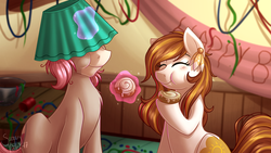 Size: 4000x2250 | Tagged: safe, artist:sugaryviolet, oc, oc only, oc:intrepid charm, oc:raven, earth pony, pony, unicorn, banner, birthday, birthday party, cinnamon bun, confetti, female, food, high res, lampshade, male, mare, mess, party, stallion