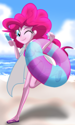 Size: 2400x4000 | Tagged: safe, artist:geraritydevillefort, pinkie pie, equestria girls, g4, beach, bikini, clothes, cloud, feet, female, flip-flops, food, high res, inflatable, looking at you, one eye closed, open clothes, popsicle, sandals, sky, smiling, smiling at you, solo, swimsuit, water, wink, winking at you