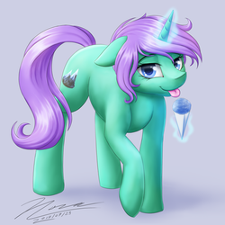 Size: 1024x1024 | Tagged: safe, artist:novaintellus, oc, oc only, oc:glacial glow, pony, blue eyes, cute, female, green coat, looking at you, mare, purple mane, snow cone, solo, tongue out