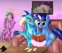 Size: 3500x3000 | Tagged: safe, artist:katakiuchi4u, night light, princess ember, spike, dragon, pony, unicorn, g4, baby picture, book, commission, couch, cute, dragoness, embarrassed, eyes closed, father, father and son, female, headcanon, high res, levitation, magic, male, older, older spike, picture, ship:emberspike, shipping, sitting, smiling, son, spikabetes, spike's family, stallion, straight, telekinesis, thud, trio, yearbook, yearbook photo