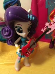 Size: 4032x3024 | Tagged: safe, artist:crazybeast, dj pon-3, rarity, sunset shimmer, vinyl scratch, equestria girls, g4, dance floor, doll, equestria girls minis, eqventures of the minis, guitar, guitarity, irl, jamming out, musical instrument, photo, toy
