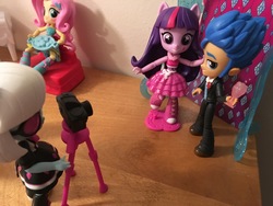 Size: 4032x3024 | Tagged: safe, artist:crazybeast, flash sentry, fluttershy, photo finish, twilight sparkle, equestria girls, g4, camera, doll, equestria girls minis, eqventures of the minis, female, irl, male, photo, ship:flashlight, shipping, straight, toy