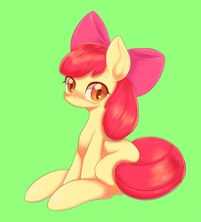 Size: 1852x2048 | Tagged: safe, artist:91o42, apple bloom, earth pony, pony, g4, apple bloom's bow, blushing, bow, cute, female, filly, hair bow, looking at you, simple background, sitting, solo