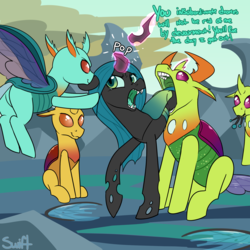 Size: 2000x2000 | Tagged: safe, artist:swiftsketchpone, cornicle, lokiax, queen chrysalis, thorax, changedling, changeling, changeling queen, g4, abuse, angry, broken horn, butt, chrysabuse, chrysaprey, high res, horn, horn removal, king thorax, matricide, open mouth, out of character, plot, punish the villain, severed horn, unwilling prey, vore