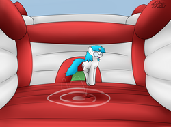 Size: 3099x2302 | Tagged: safe, artist:the-furry-railfan, oc, oc only, oc:minty candy, pony, unicorn, bouncing, bouncy castle, cute, glasses, grin, happy, high res, inflatable, pronking, smiling, target, this will end in balloons