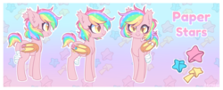 Size: 3487x1408 | Tagged: safe, artist:hawthornss, oc, oc only, oc:paper stars, bat pony, pony, amputee, bandage, butt, cute, cute little fangs, ear fluff, fangs, looking at you, plot, reference sheet, solo