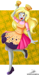 Size: 1104x2110 | Tagged: safe, artist:the-butch-x, derpy hooves, equestria girls, g4, background human, clothes, commission, dress, female, food, muffin, open mouth, raised leg, signature, solo
