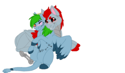 Size: 1024x600 | Tagged: safe, artist:mlplover1987, oc, oc only, oc:descent, oc:di red, pony, robot, amputee, blushing, colored wings, colored wingtips, digital art, discent, four eyes, gay, gift art, hell hand, horns, male, oc x oc, one eye closed, prosthetic limb, prosthetics, shipping, simple background, smiling, smirk, stitches, tail hand, transparent background, unshorn fetlocks