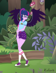 Size: 1200x1562 | Tagged: safe, artist:katanis, sci-twi, twilight sparkle, equestria girls, g4, my little pony equestria girls: legend of everfree, clothes, converse, female, forest, midnight sparkle, ponytail, sad, shoes, shorts, sneakers, socks, solo, the midnight in me, wings