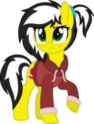 Size: 4000x5267 | Tagged: safe, artist:aureai, oc, oc only, oc:uppercute, pony, clothes, female, freckles, frown, hoodie, mare, raised hoof, simple background, solo, transparent background, vector