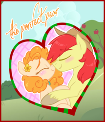 Size: 660x768 | Tagged: safe, artist:esmeia, bright mac, pear butter, earth pony, pony, g4, the perfect pear, apple tree, blushing, bust, female, heart, male, mare, nuzzling, portrait, ship:brightbutter, stallion, story included, straight, title card, tree