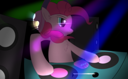 Size: 1920x1200 | Tagged: safe, artist:ghost3641, pinkie pie, earth pony, pony, g4, chest fluff, dj booth, ear fluff, female, headphones, solo, speaker, turntable