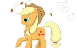 Size: 1920x1200 | Tagged: safe, artist:ghost3641, applejack, earth pony, pony, g4, angry, cowboy hat, ear fluff, female, food, grammar error, hat, implied rainbow dash, implied scootaloo, simple background, solo, speech bubble, stetson, strawberry, throwing, unamused, white background