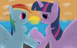 Size: 1920x1200 | Tagged: safe, artist:ghost3641, rainbow dash, twilight sparkle, alicorn, pegasus, pony, g4, blushing, chest fluff, ear fluff, female, holding hooves, lesbian, looking at each other, ship:twidash, shipping, sunset, twilight sparkle (alicorn)