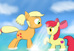 Size: 4300x3000 | Tagged: safe, artist:ghost3641, apple bloom, applejack, earth pony, pony, g4, alternate hairstyle, apple bloom's bow, bow, chest fluff, ear fluff, hair bow, missing accessory, splashing