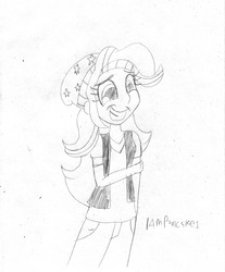 Size: 2539x3069 | Tagged: safe, artist:iampancakes, starlight glimmer, human, equestria girls, equestria girls specials, g4, mirror magic, beanie, clothes, female, grin, hat, high res, nervous, nervous smile, shirt, sketch, smiling, solo, traditional art, vest