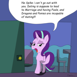 Size: 3000x3000 | Tagged: safe, artist:iampancakes, starlight glimmer, pony, unicorn, g4, chair, door, excuse, female, high res, implied sparlight, implied spike, lidded eyes, lies, op is a duck, open mouth, procreate, shipping denied, solo, speech bubble