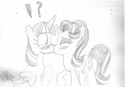 Size: 3506x2434 | Tagged: safe, artist:iampancakes, starlight glimmer, twilight sparkle, alicorn, pony, unicorn, g4, blushing, exclamation point, eyes closed, female, high res, interrobang, kissing, lesbian, question mark, ship:twistarlight, shipping, sketch, surprise kiss, traditional art, twilight sparkle (alicorn)