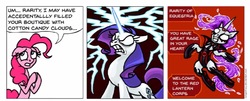 Size: 959x389 | Tagged: safe, artist:gingerfoxy, pinkie pie, rarity, earth pony, pony, unicorn, pony comic generator, g4, comic, glowing, glowing horn, horn, red lantern corps